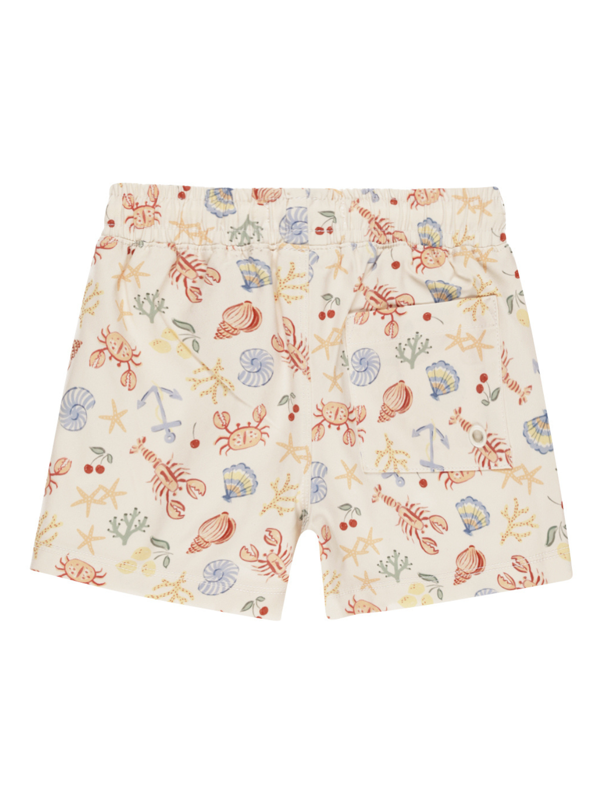 Cream-colored swim shorts featuring a playful marine-themed pattern of crabs, shells, and starfish.
