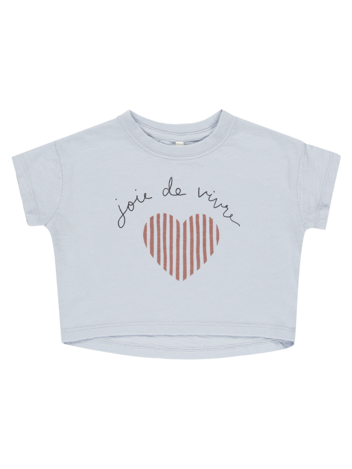 Light blue cropped t-shirt with "joie de vivre" and a striped heart graphic.