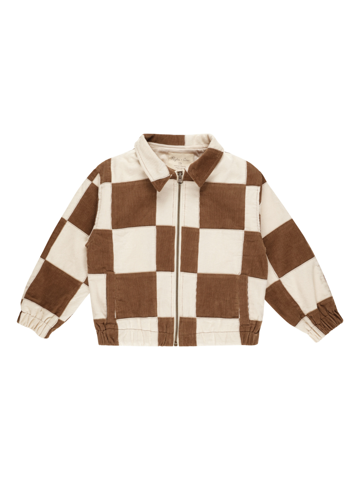 Brown and cream checkered corduroy jacket with a zip front and elastic cuffs. Ideal for stylish layering.