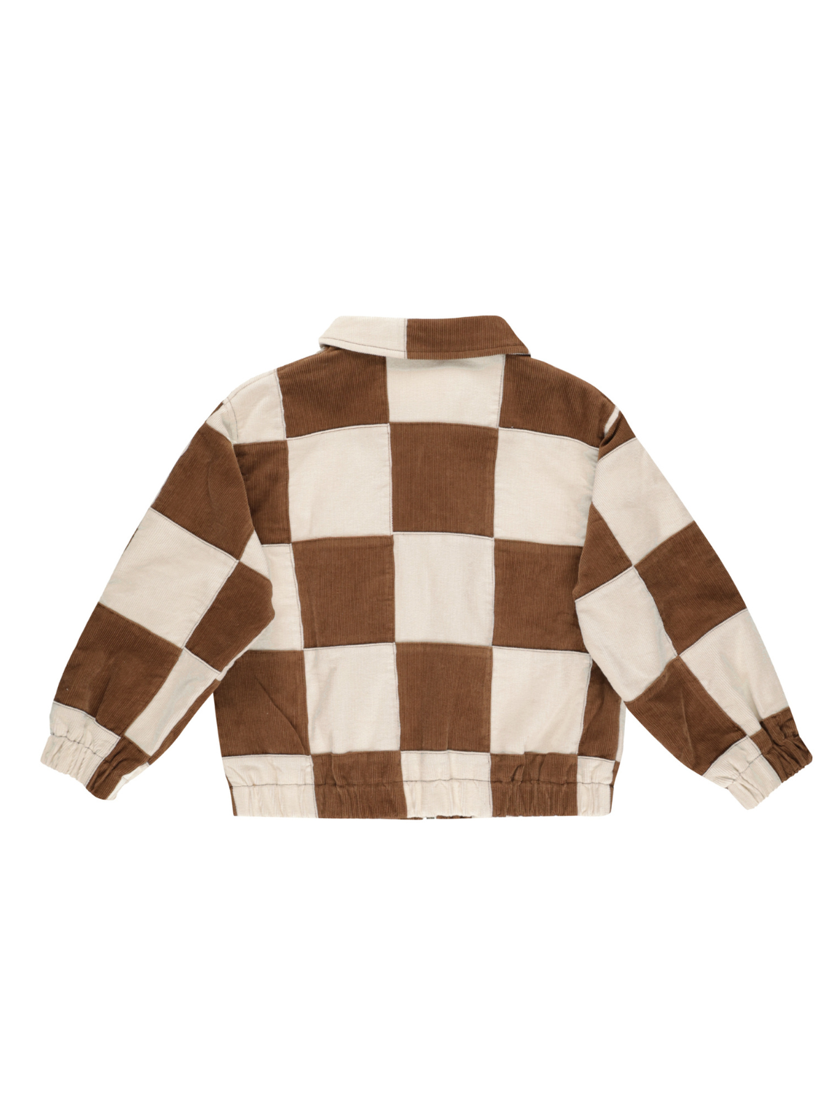 Brown and cream checkered jacket, showing back view with elastic cuffs and collar detail.