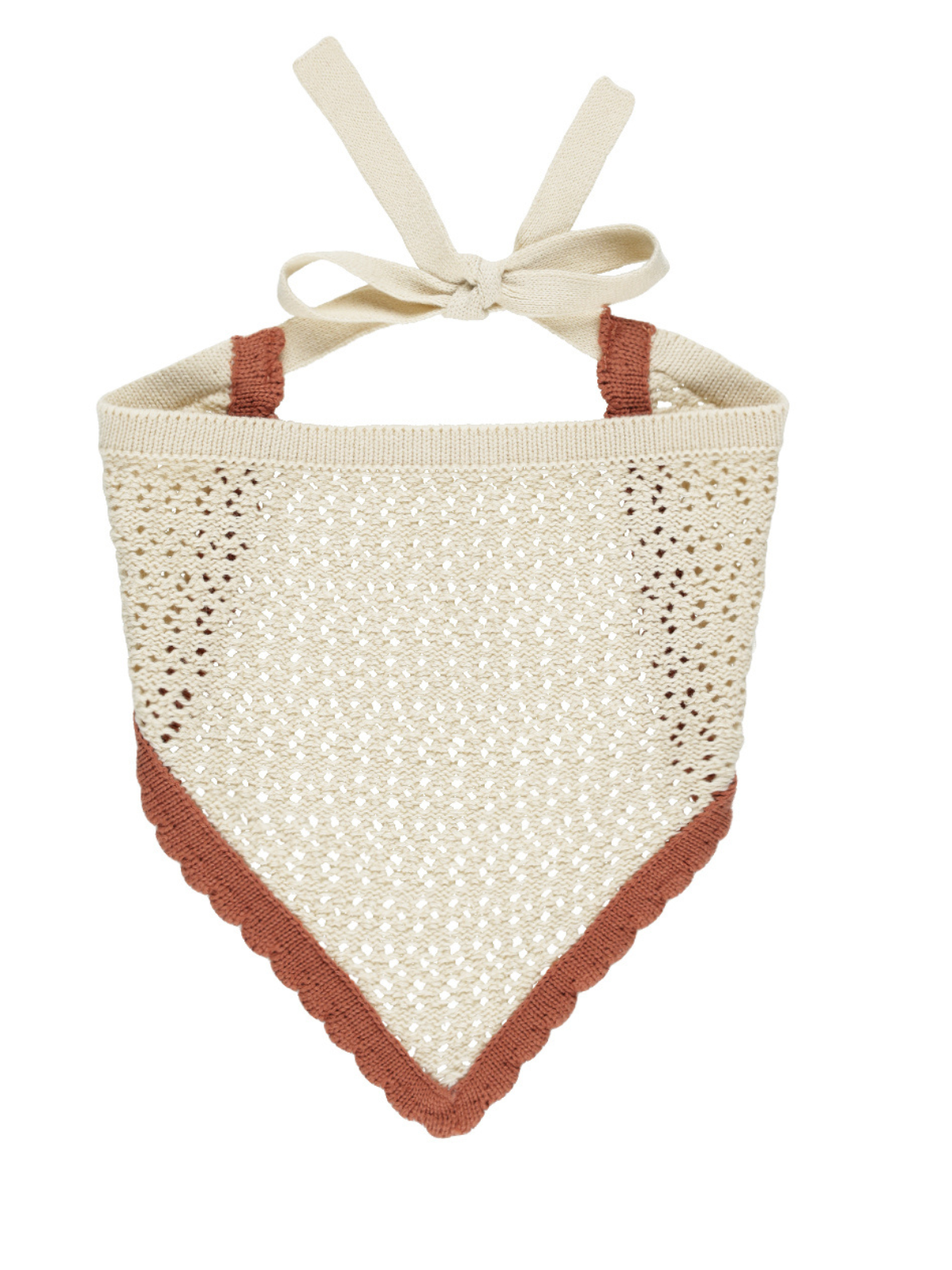 Cream and terracotta crochet triangle bandana with tie straps, featuring a scalloped edge design.