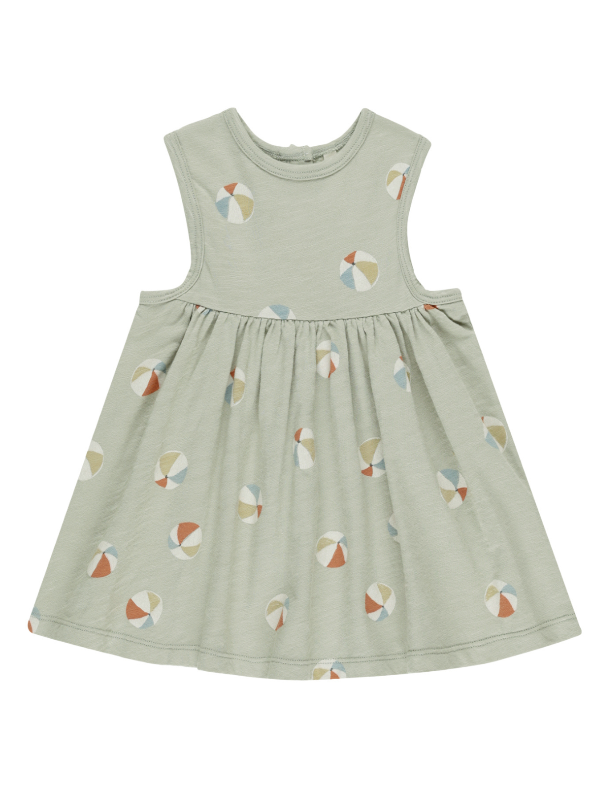 Light green sleeveless dress with a flared skirt and patterned circles in soft colors.