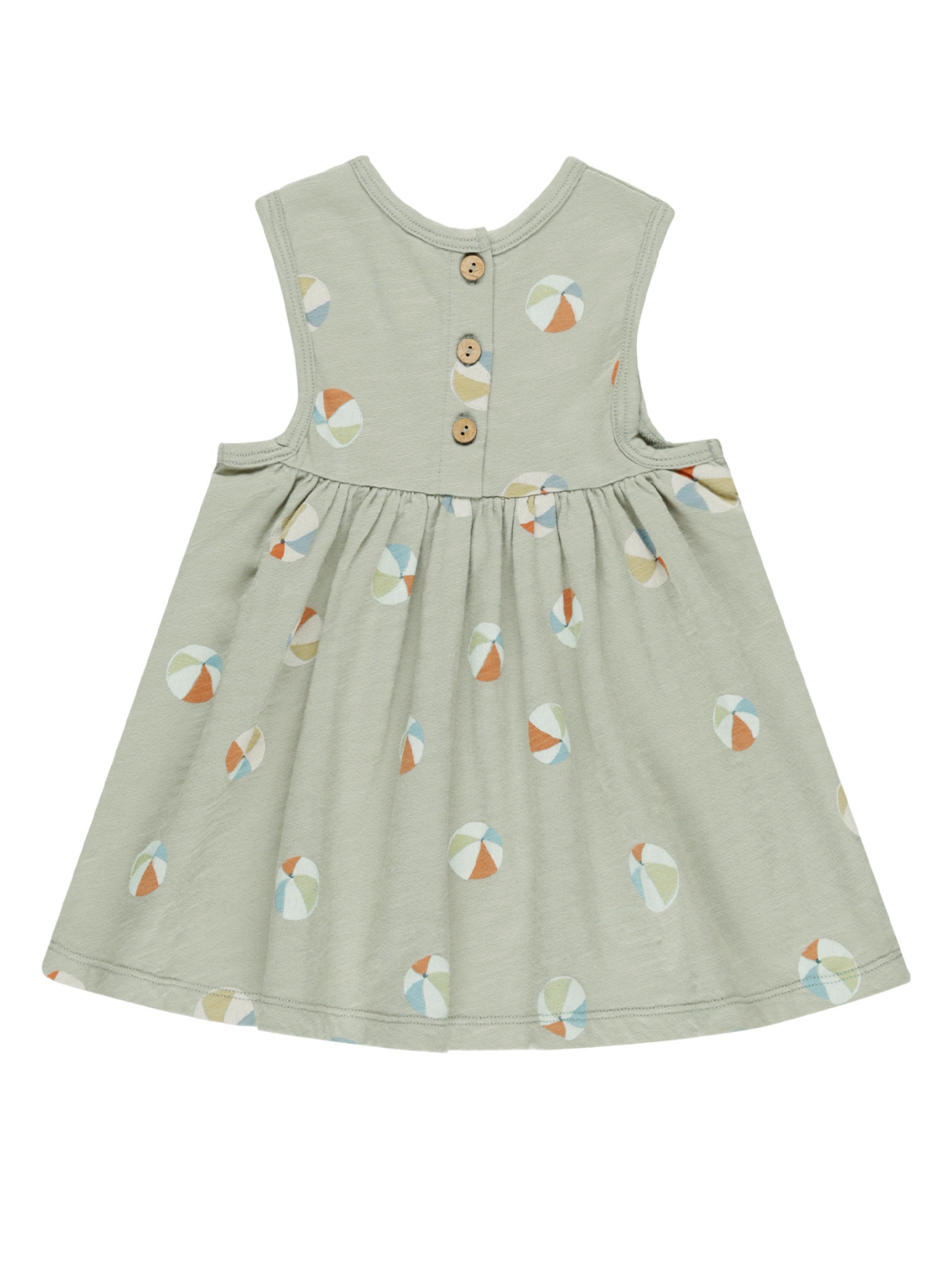 Light green sleeveless dress with beach ball patterns and wooden button closure at the back.
