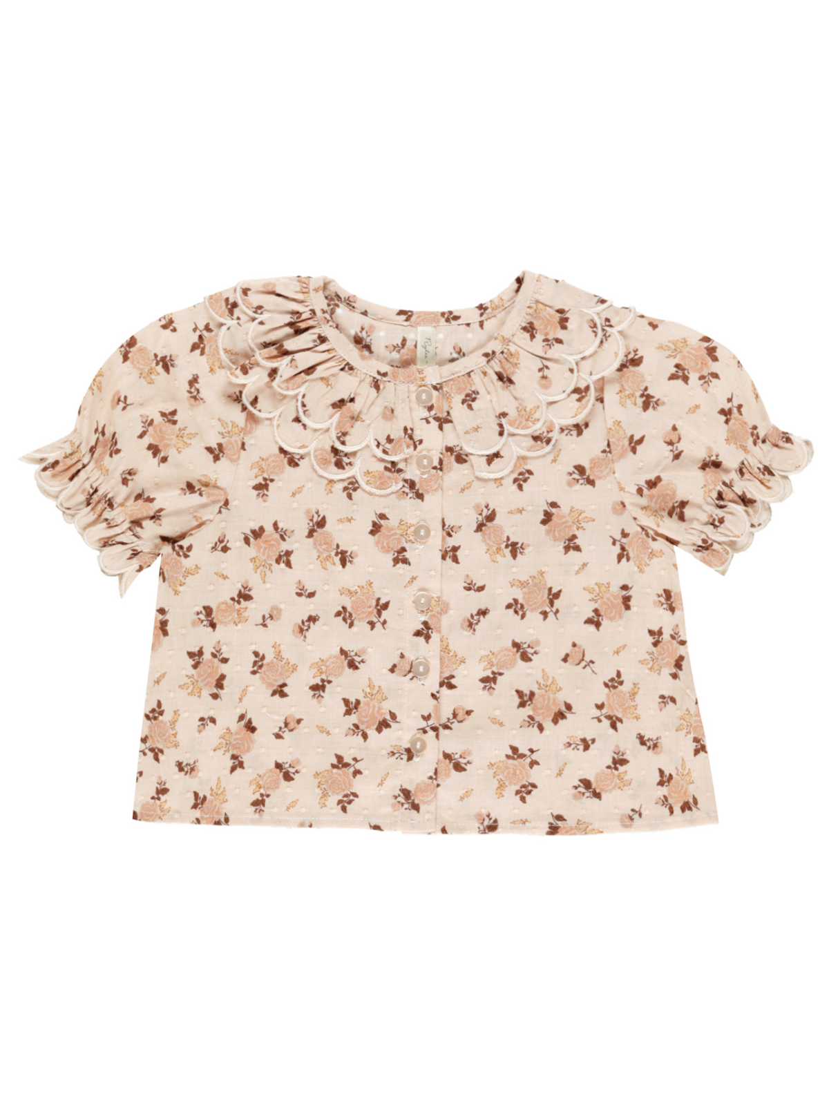 Floral short-sleeve shirt with scalloped collar and button front in soft pastel colors. Ideal for casual wear.