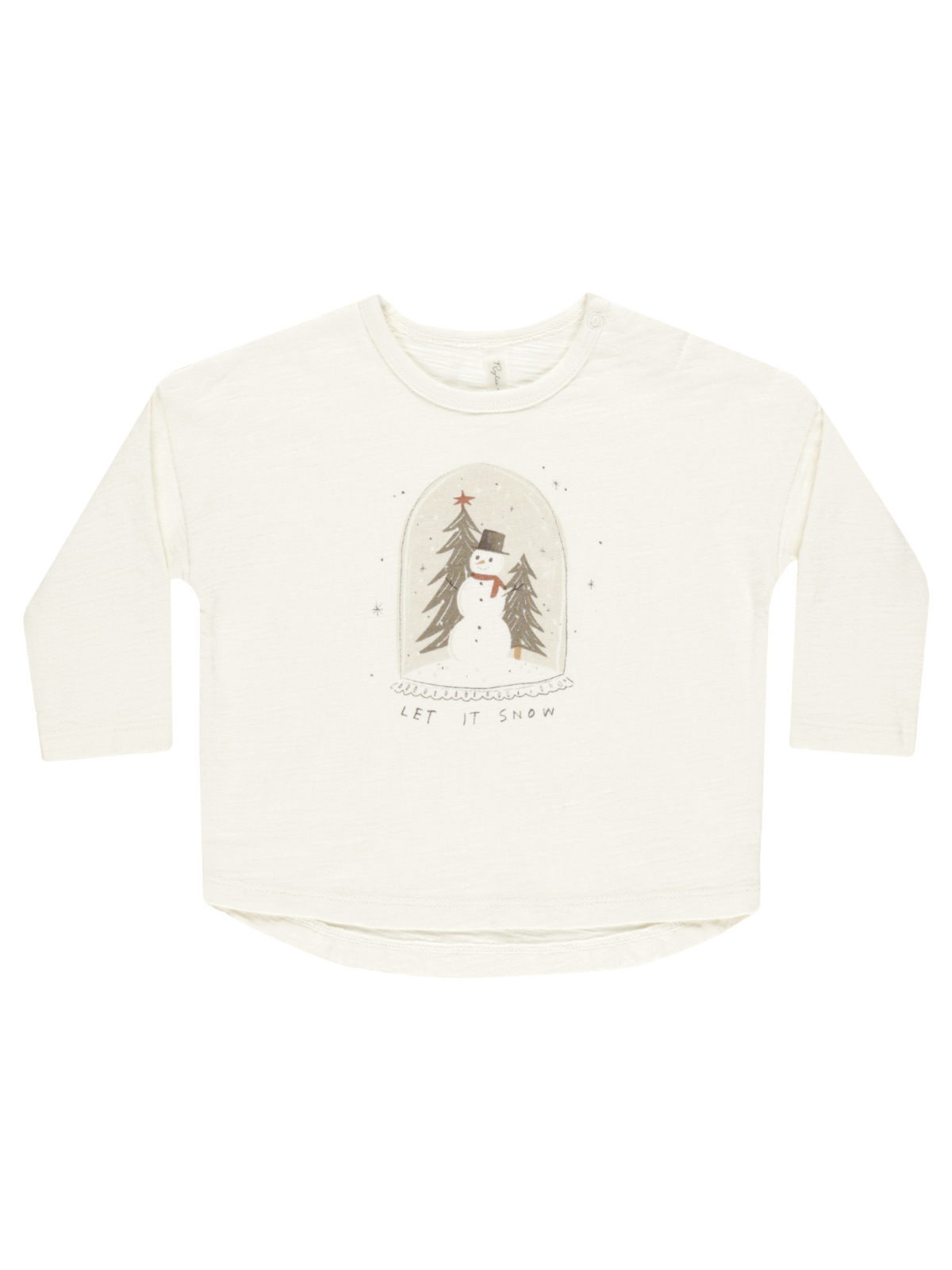 Long-sleeve cream shirt featuring a snowman and trees, text reads "Let It Snow."
