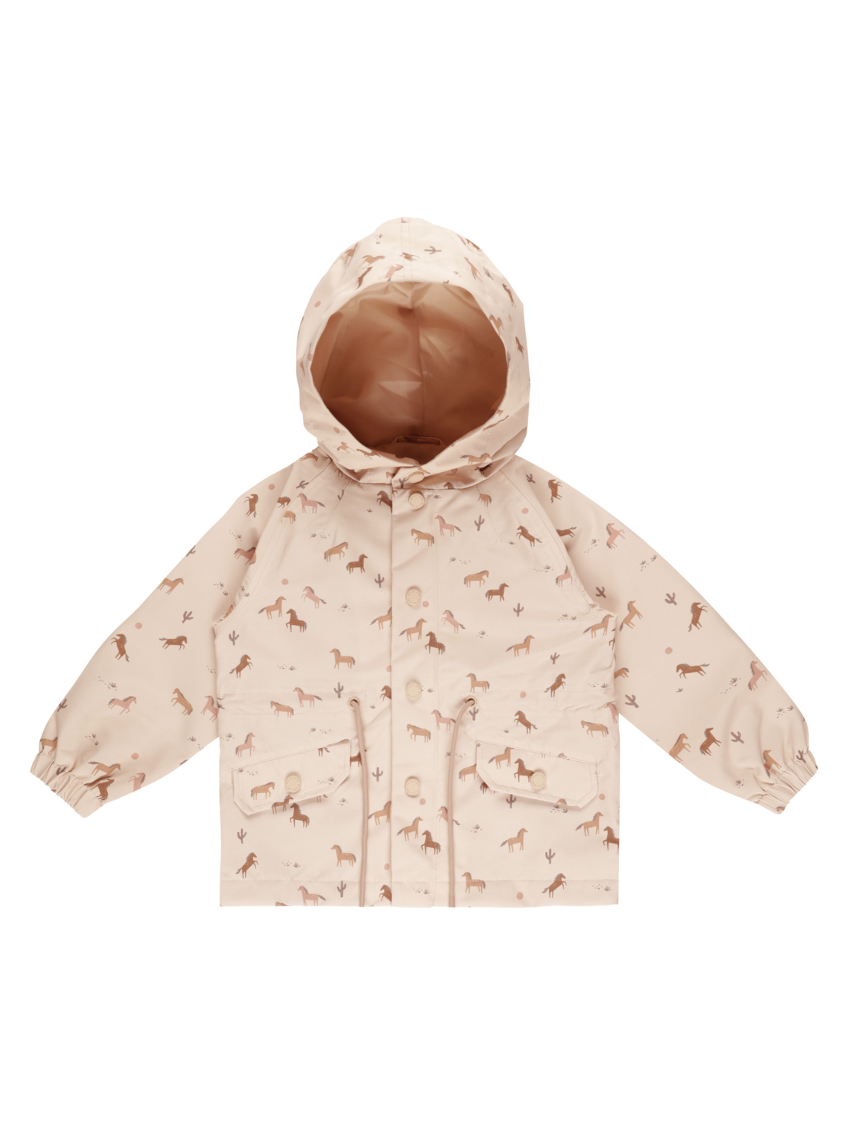 Light beige rain jacket with animal prints and a hood, featuring snap buttons and front pockets.
