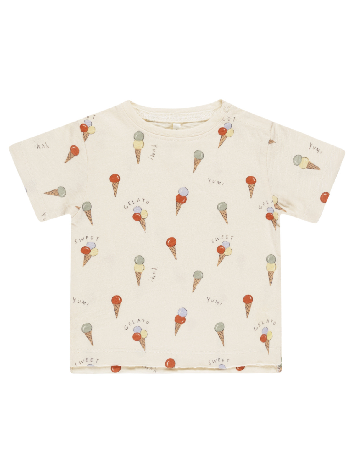 Cream t-shirt with colorful ice cream cone print and playful text, perfect for a casual, fun outfit.