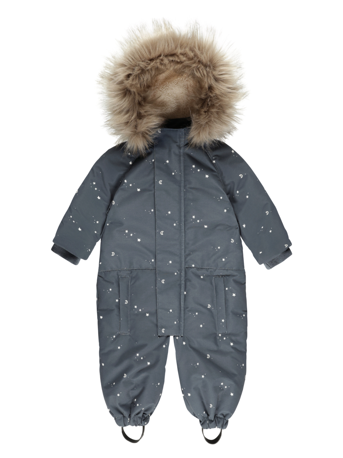 Gray children's snowsuit with fur-lined hood and star and moon patterns. Suitable for winter wear.