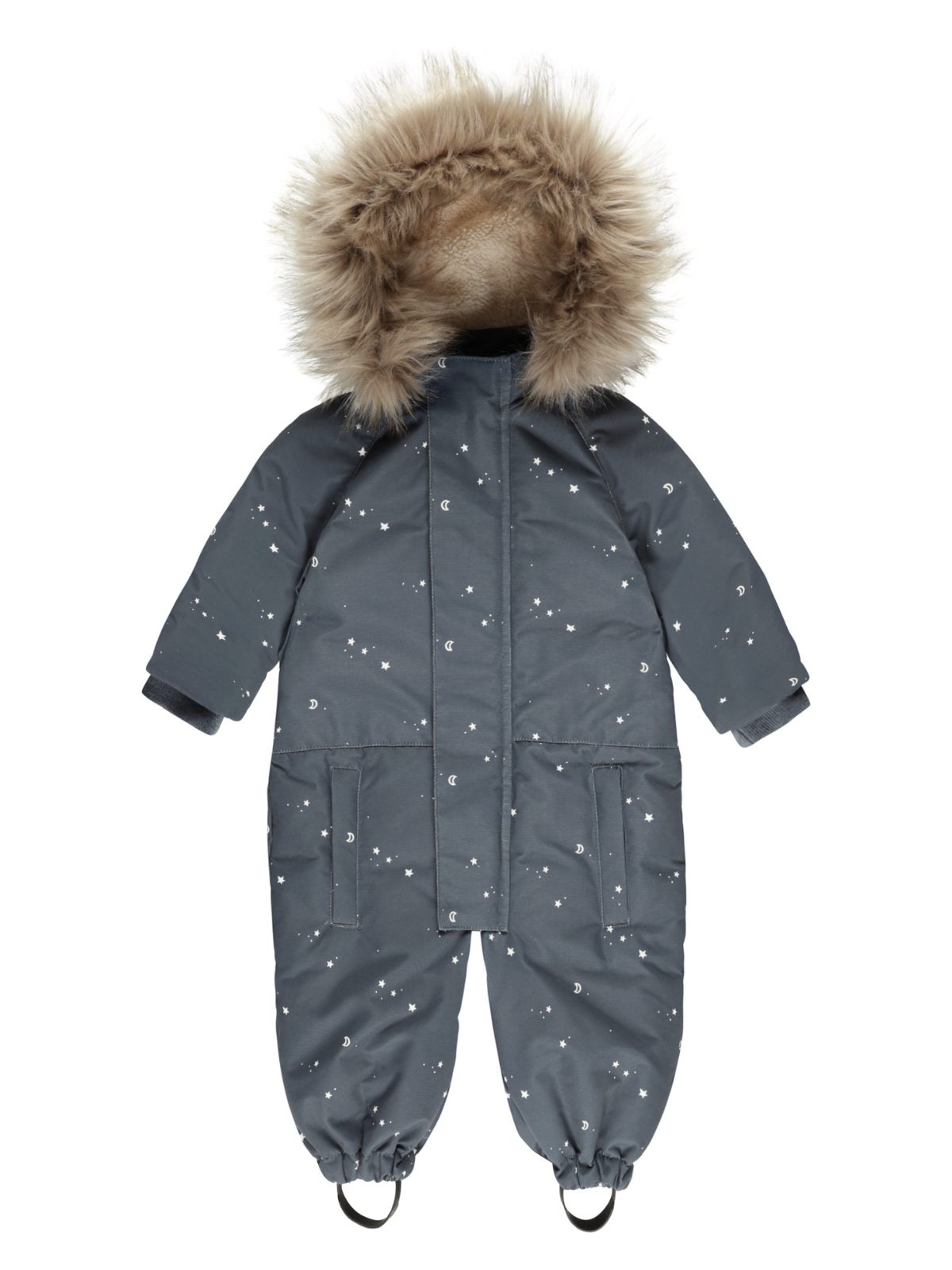 Gray children's snowsuit with fur-lined hood and star and moon patterns. Suitable for winter wear.