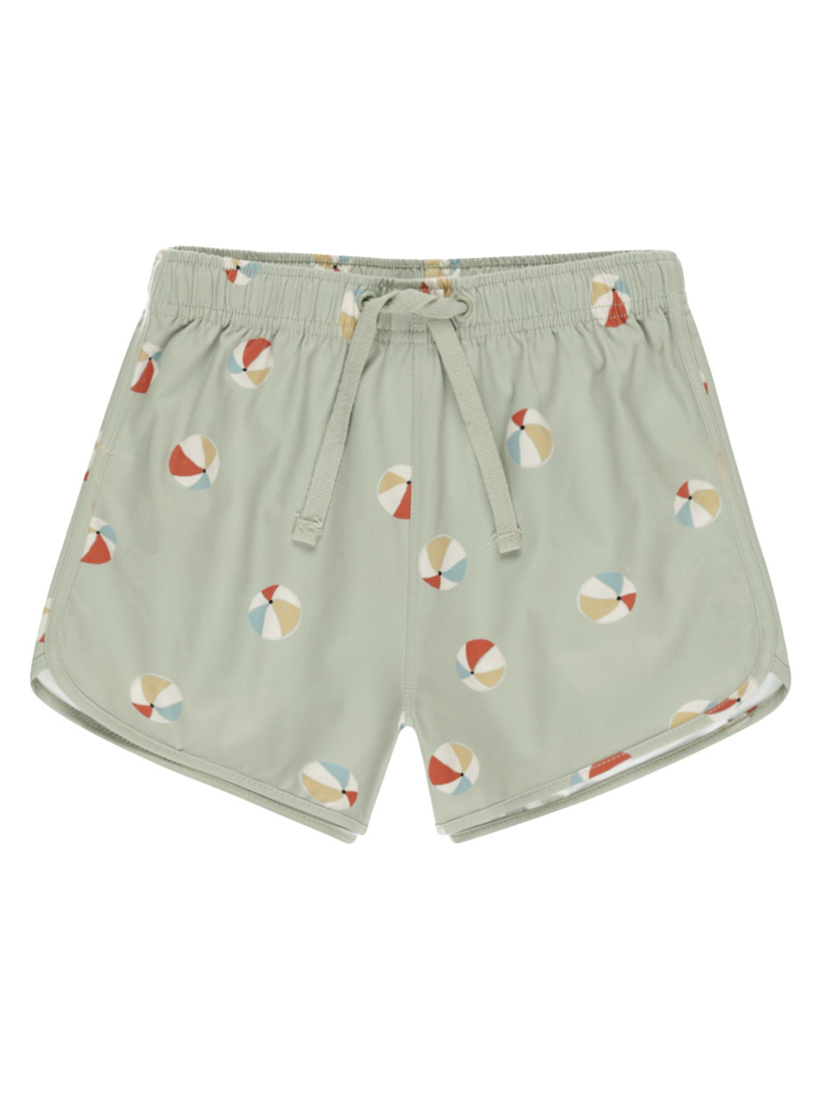 Light green swim shorts with colorful beach ball patterns and an adjustable waistband.