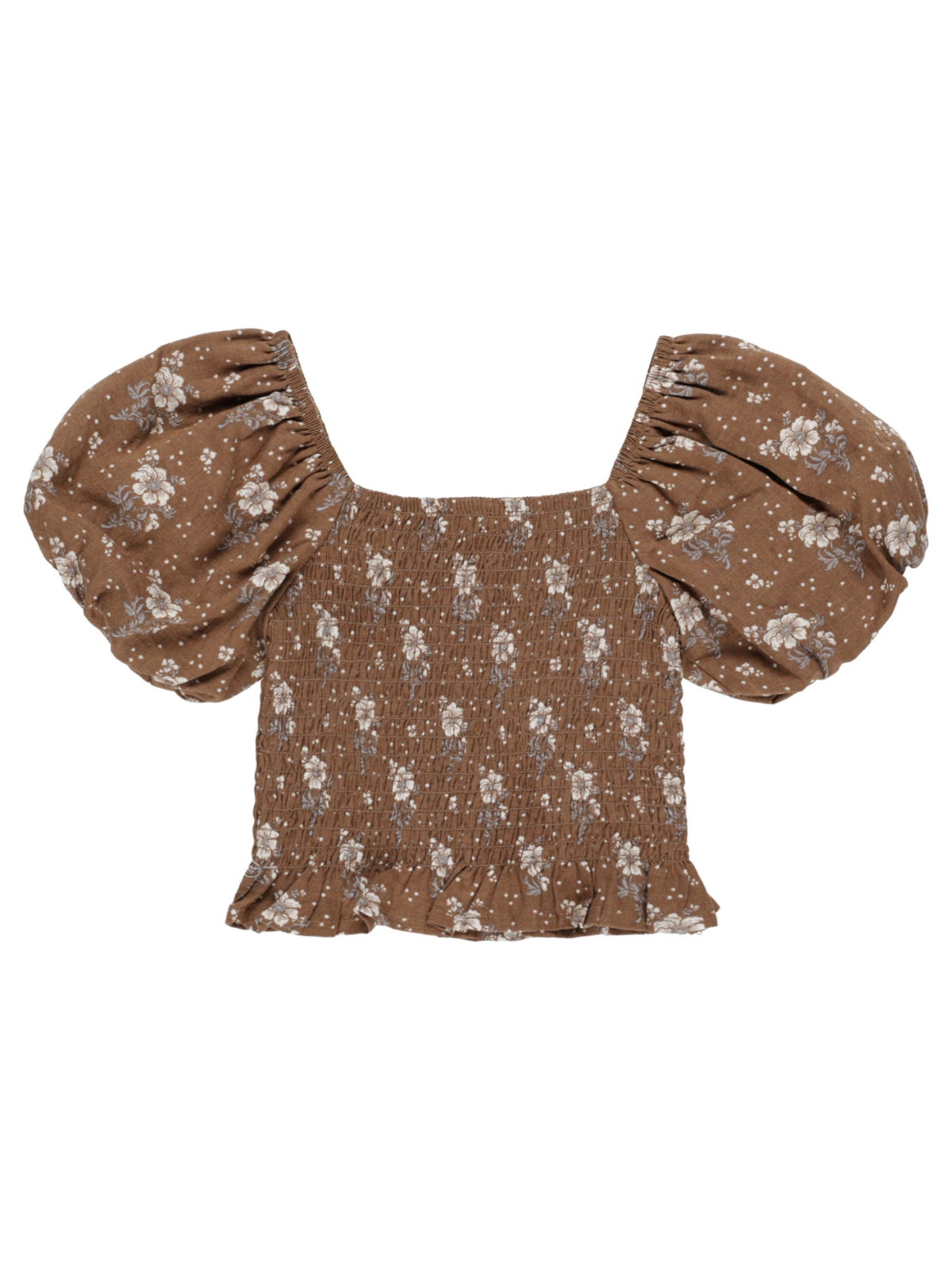 Brown floral top with puff sleeves and a smocked design, featuring a ruffled hemline.