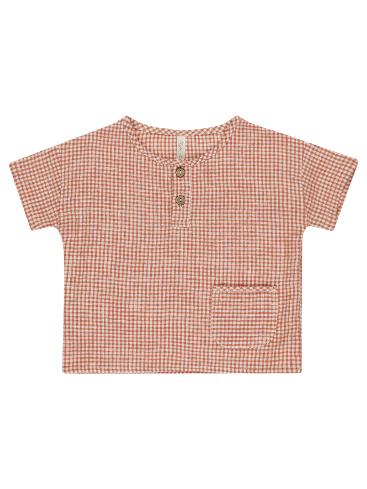 Short-sleeve, orange gingham shirt with a round neckline and a chest pocket, featuring two buttons.