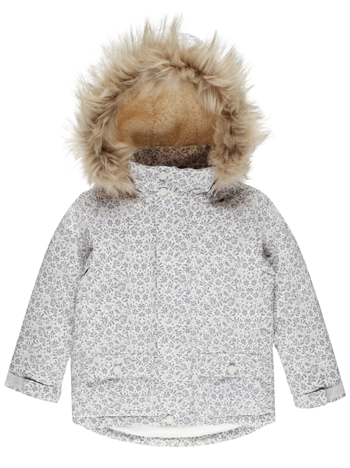 Light gray floral jacket with a fluffy hood, ideal for cold weather, featuring snap buttons and a cozy lining.