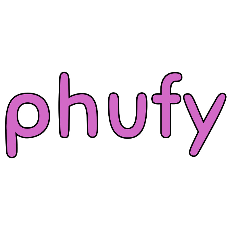 The word "phufy" written in pink, playful letters on a white background.