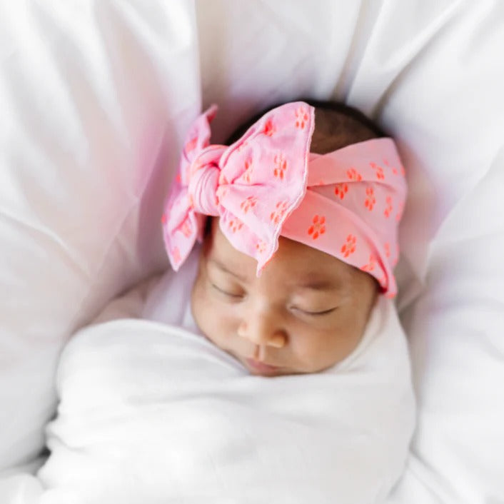 Patterned Knot Bow, Pink/Neon Coral Flower