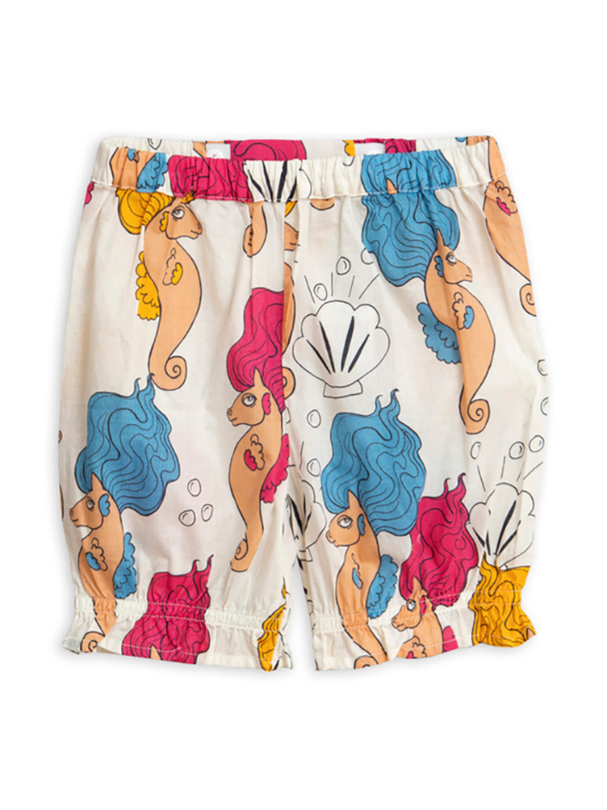 Colorful shorts with a playful seahorse pattern in pink, blue, and yellow on a light background. Perfect for summer fun.
