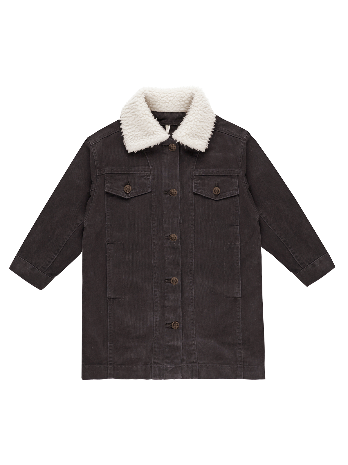Dark brown jacket with a cream faux fur collar, featuring buttons and side pockets. Ideal for cool weather.