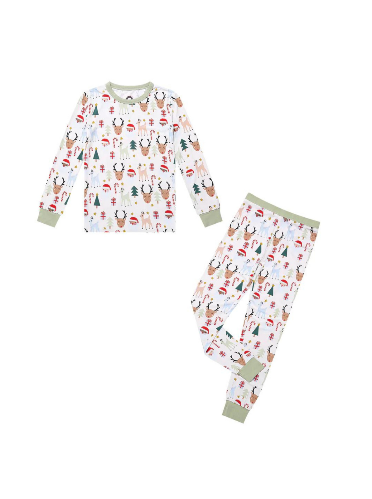 Kids' holiday pajamas featuring colorful prints of reindeer, Christmas trees, and candies, with green cuffs.