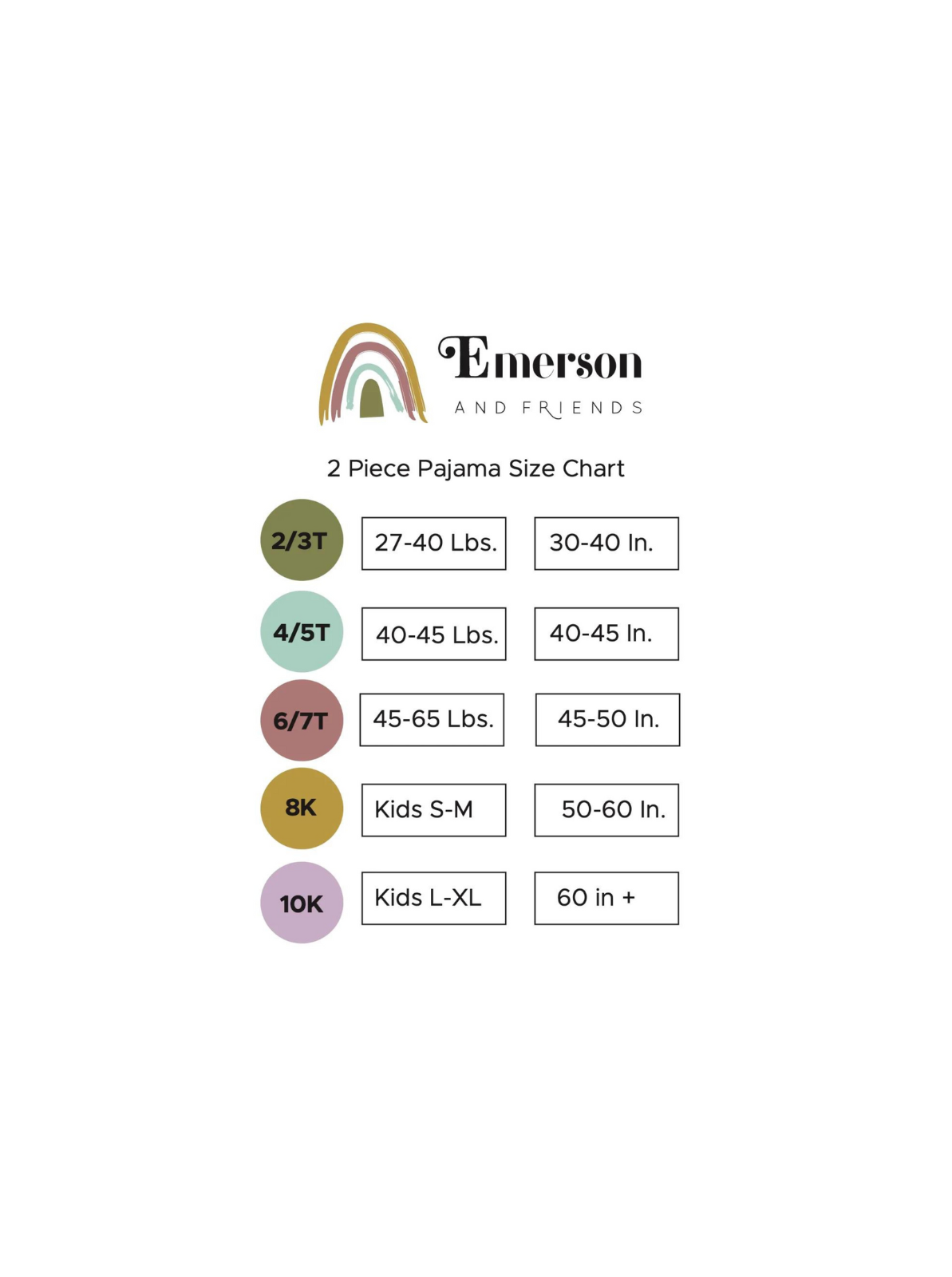 Size chart for Emerson and Friends 2-piece pajamas, detailing weights and heights for various kids' sizes.