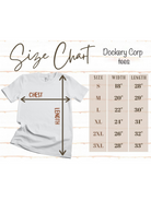 Size chart for Dockery Corp tees, listing width and length for sizes S to 3XL.