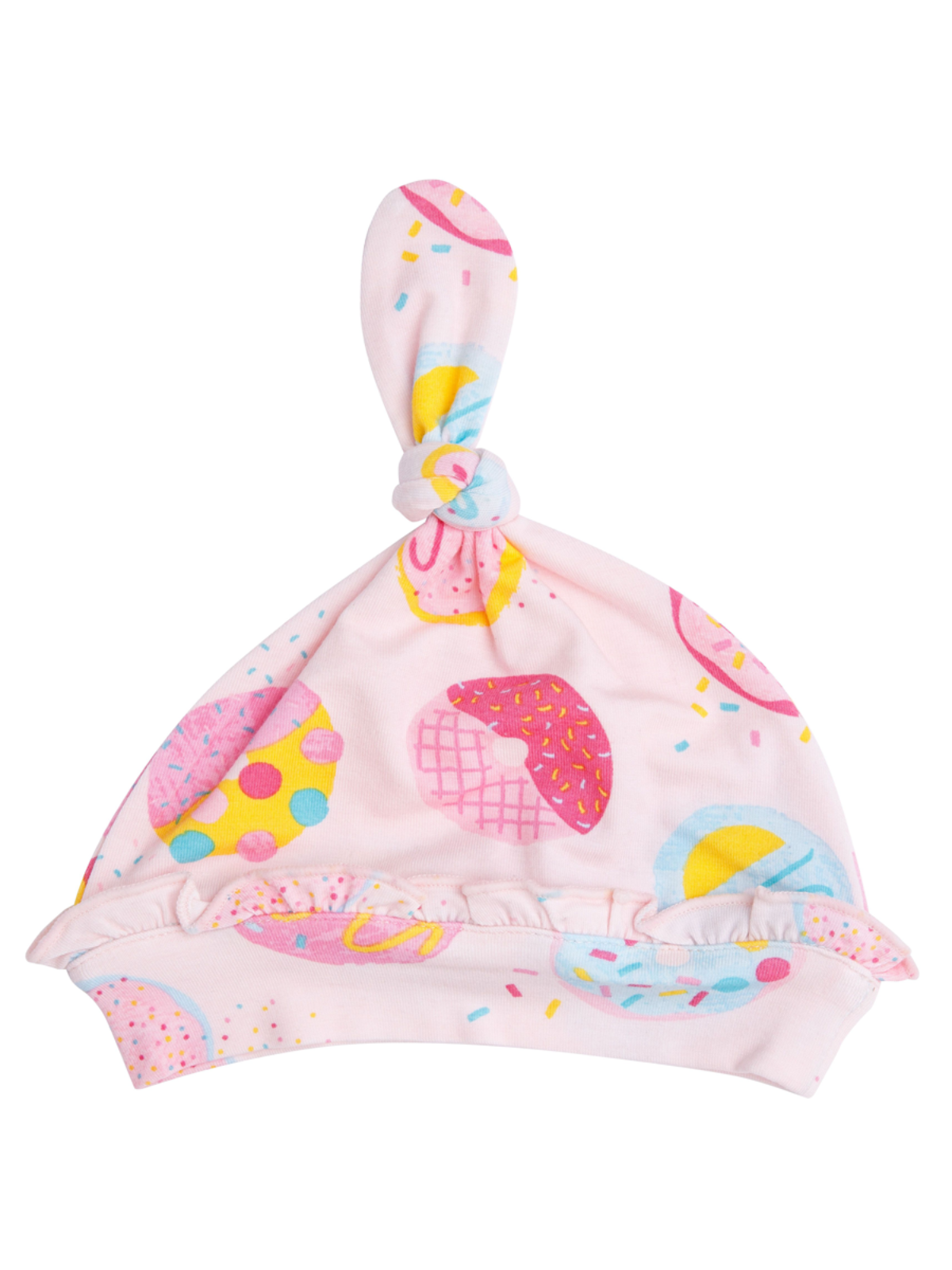 Pink baby hat with donut patterns and a knotted top, featuring colorful sprinkles and a ruffled edge.