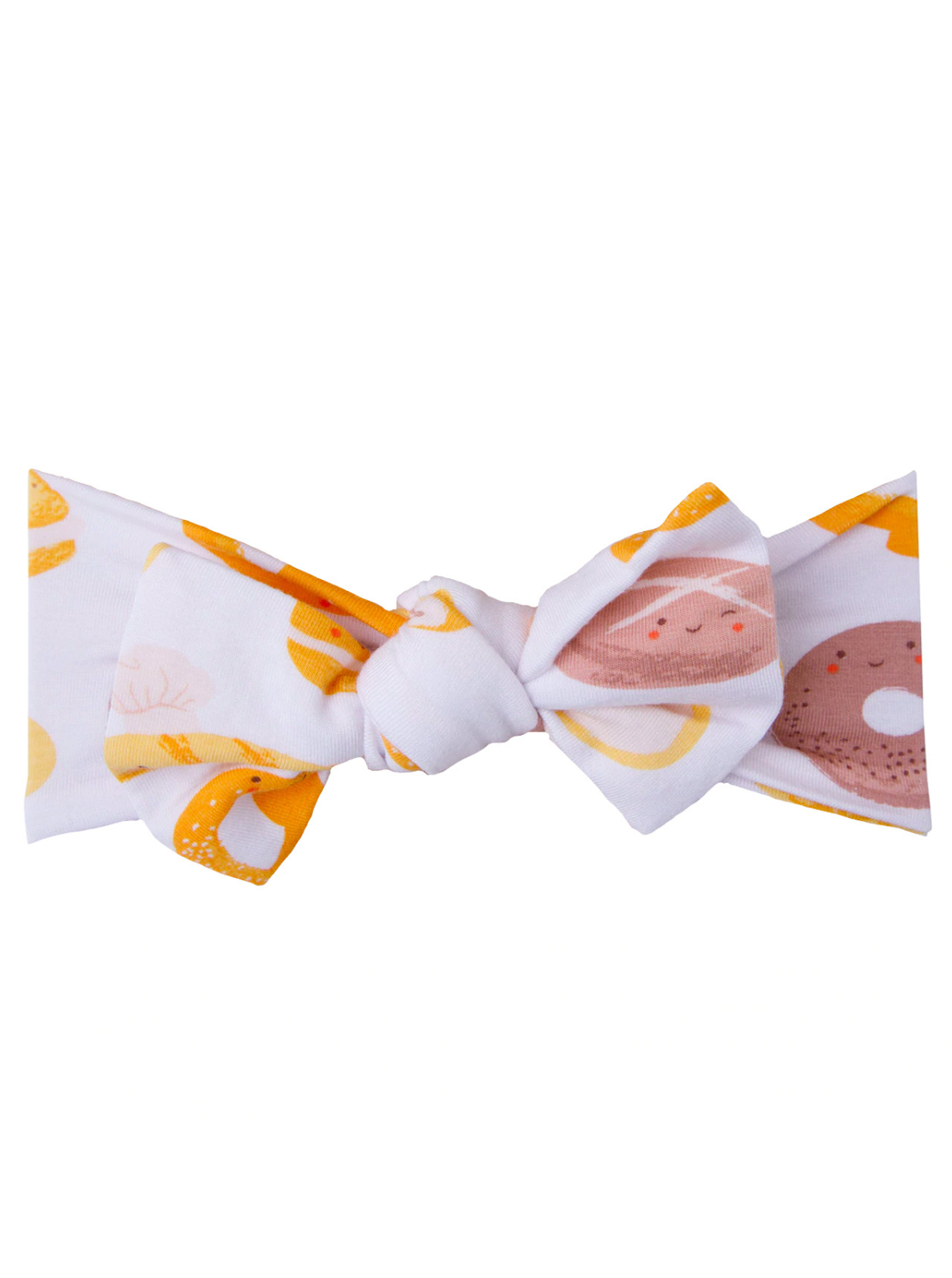 White bow adorned with colorful illustrations of donuts and snacks, perfect for a playful accessory.