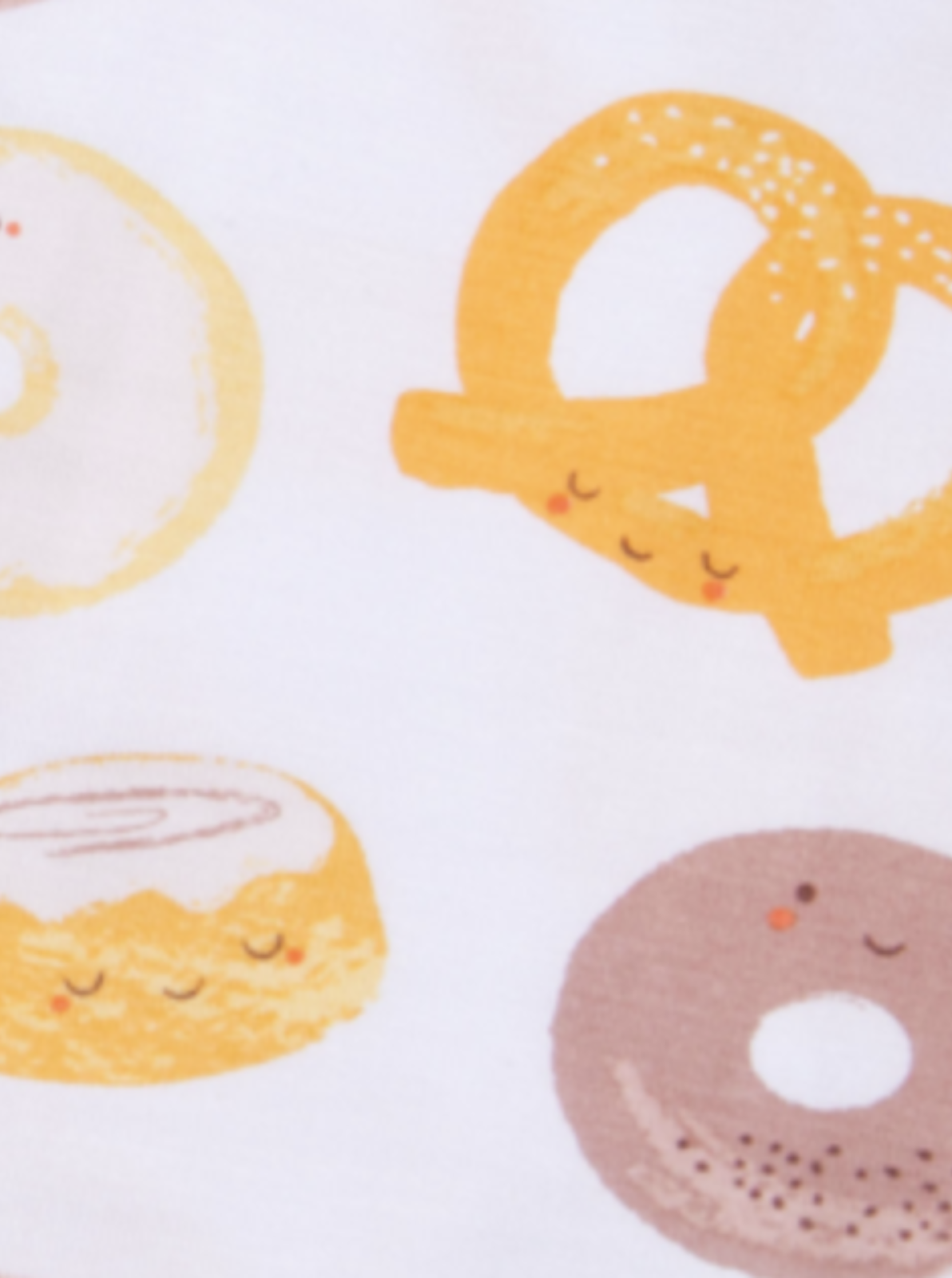 Cartoon-style illustrations of donuts and a pretzel with smiling faces on a light background.