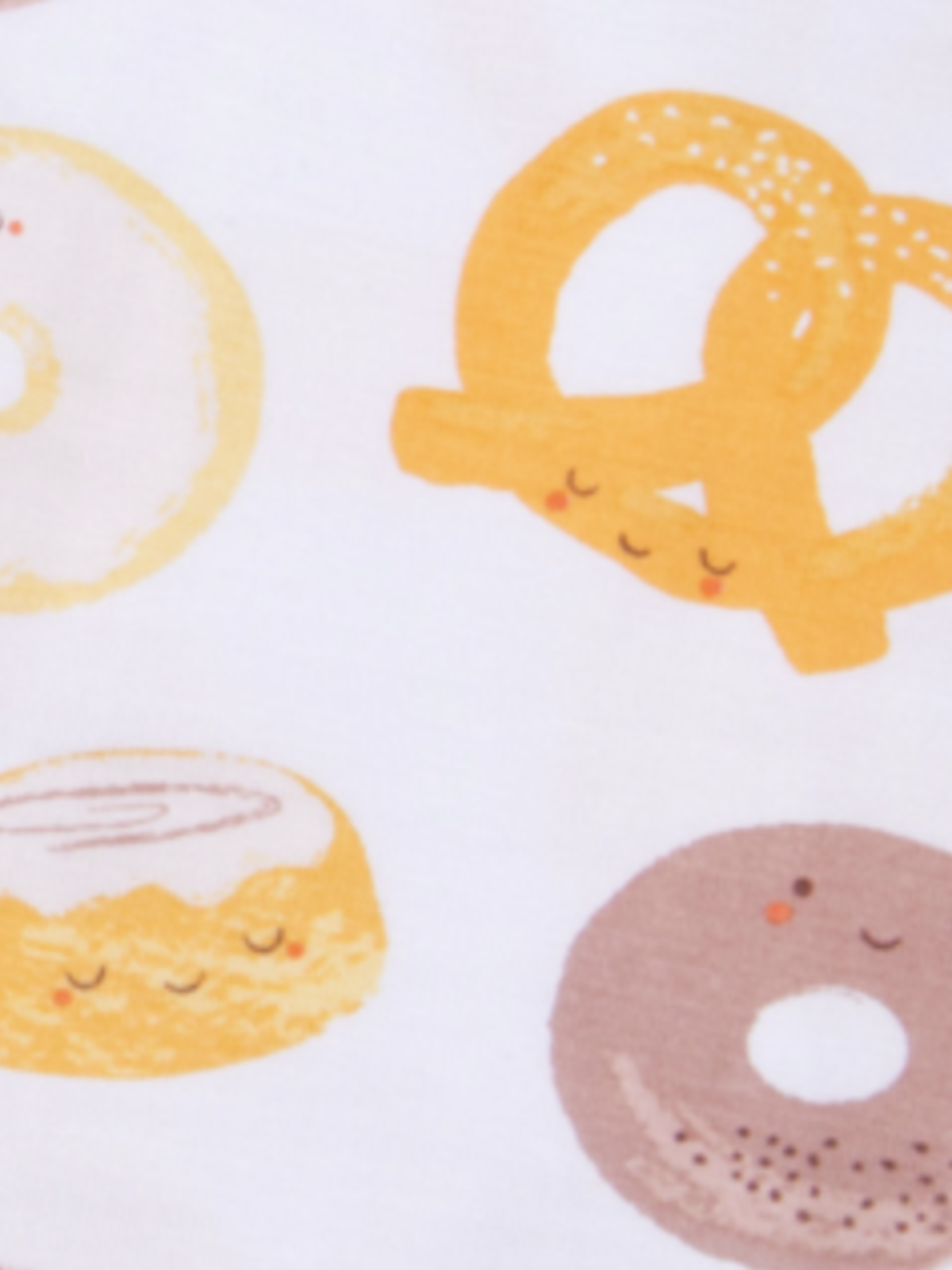 Cartoon-style illustrations of donuts and a pretzel with smiling faces on a light background.