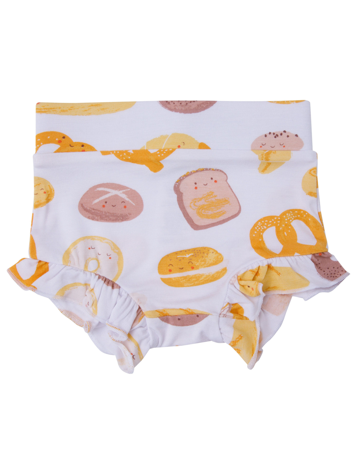 Cute children’s underwear featuring whimsical patterns of smiling baked goods on a white background.