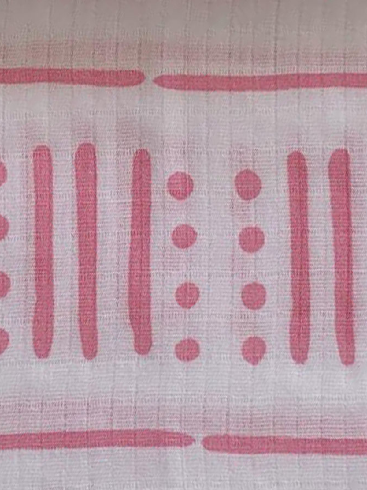 Abstract pink pattern on a textured white fabric featuring lines and dots.