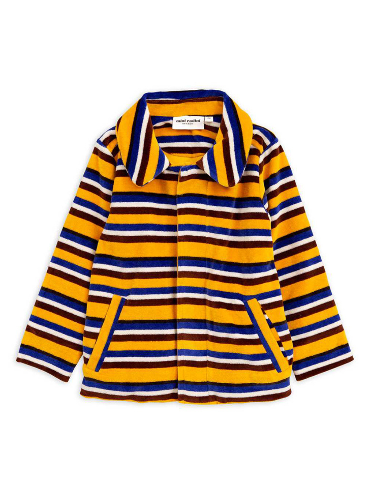 Striped jacket with yellow, brown, blue, and white, featuring a collar and front pockets.