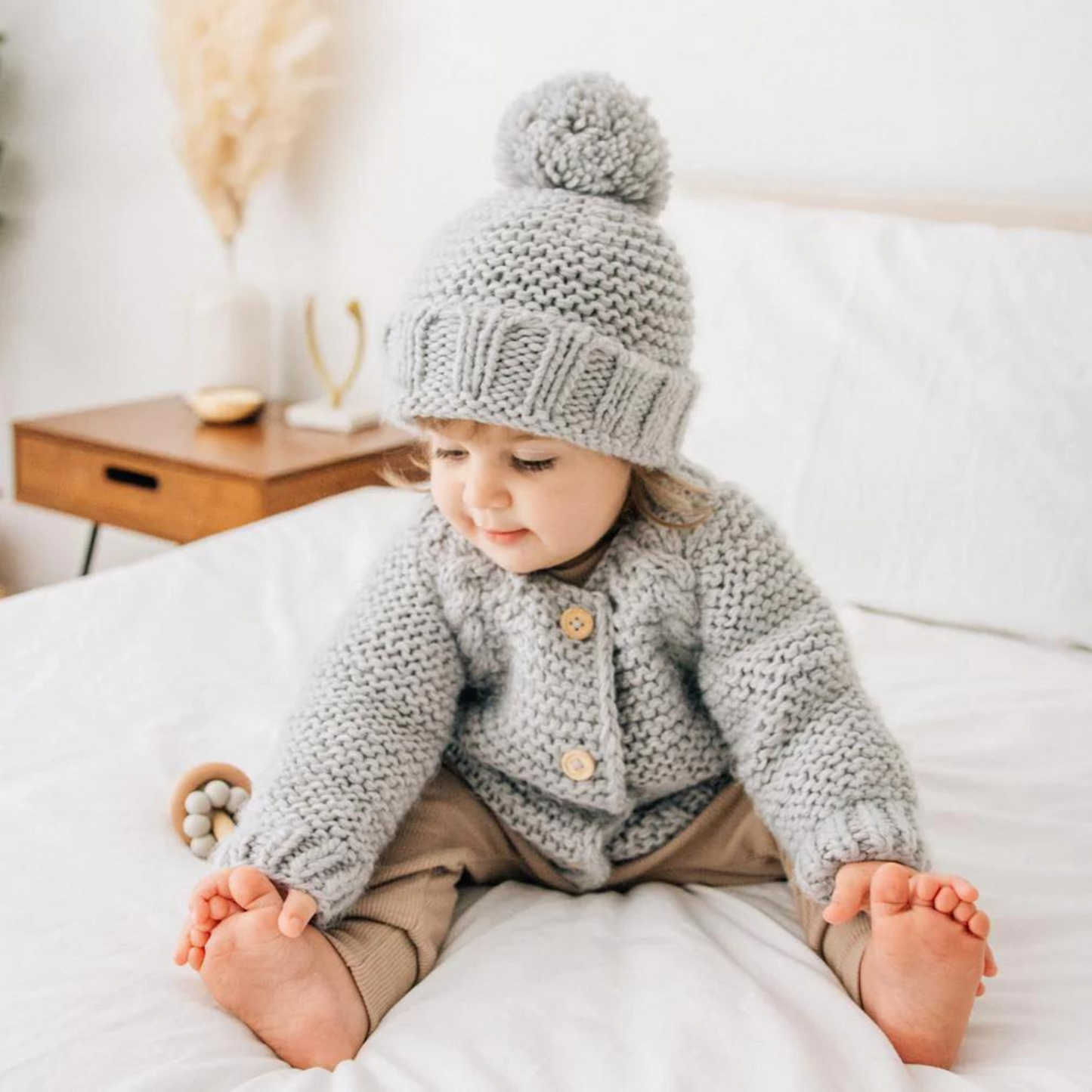 Garter Stitch Cardigan Sweater, Ice Grey