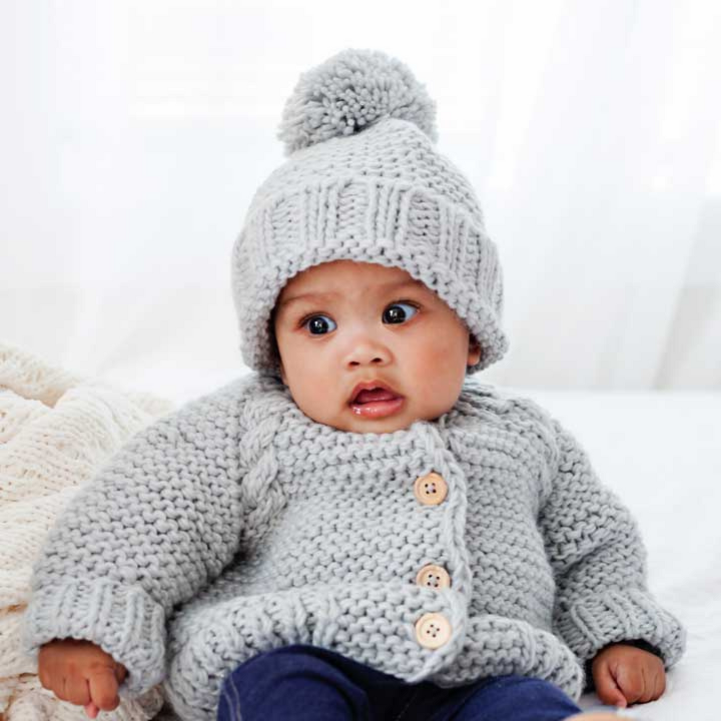 Garter Stitch Cardigan Sweater, Ice Grey