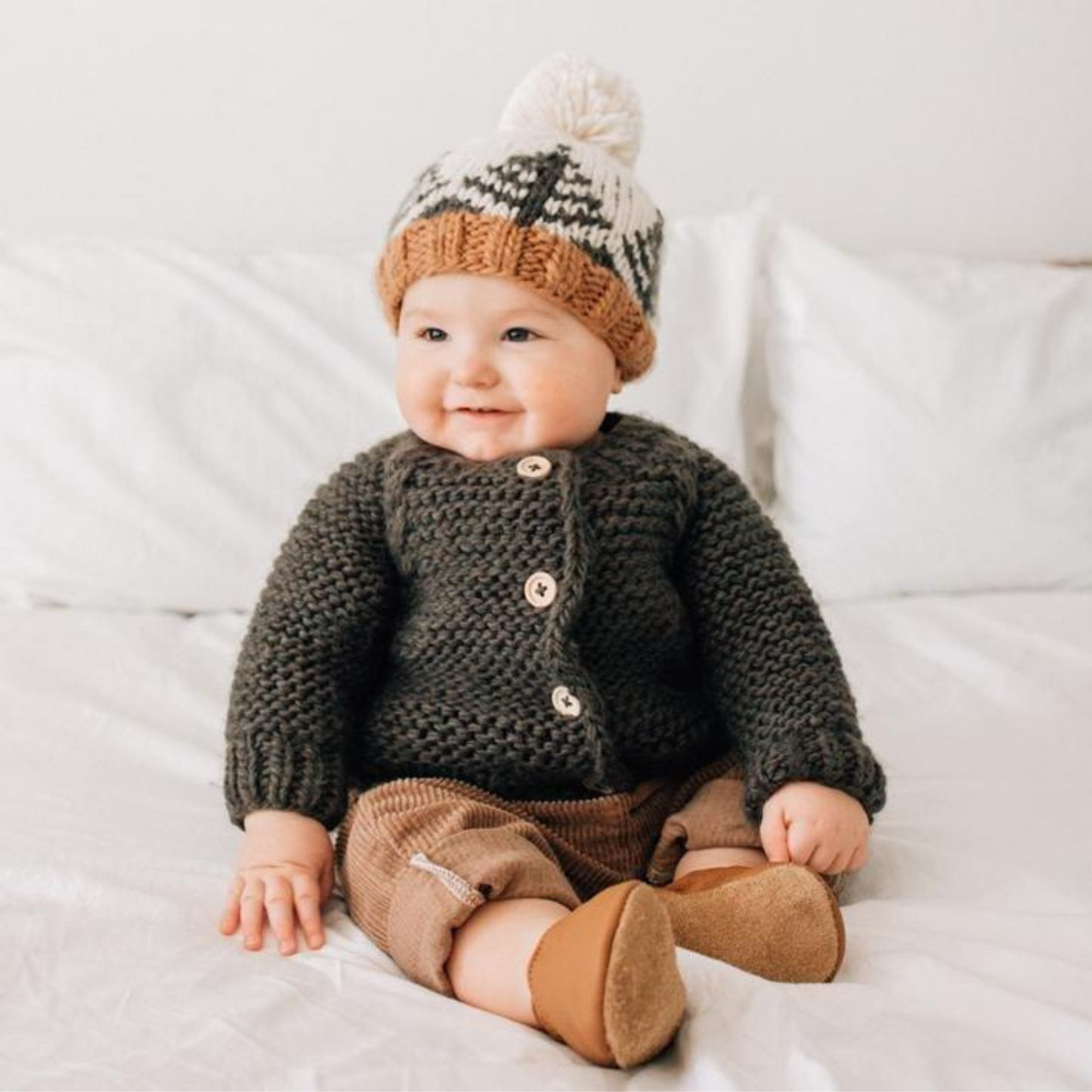 Garter Stitch Cardigan Sweater, Loden
