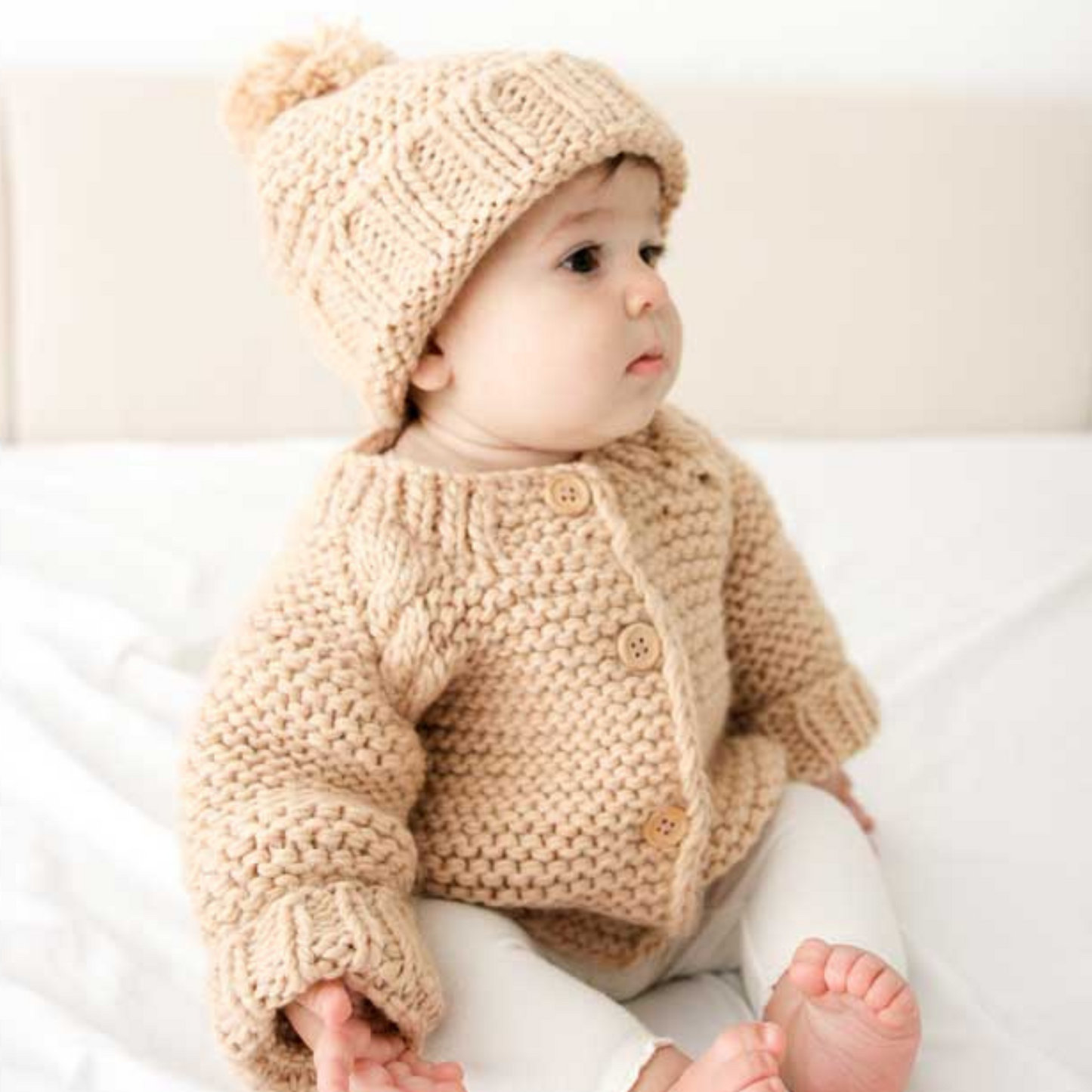 Garter Stitch Cardigan Sweater, Latte