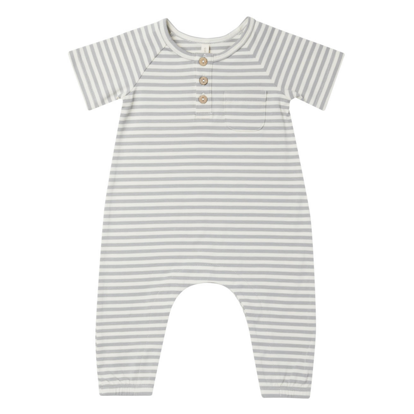 Organic Short Sleeve Jumpsuit, Dusty Blue Stripe
