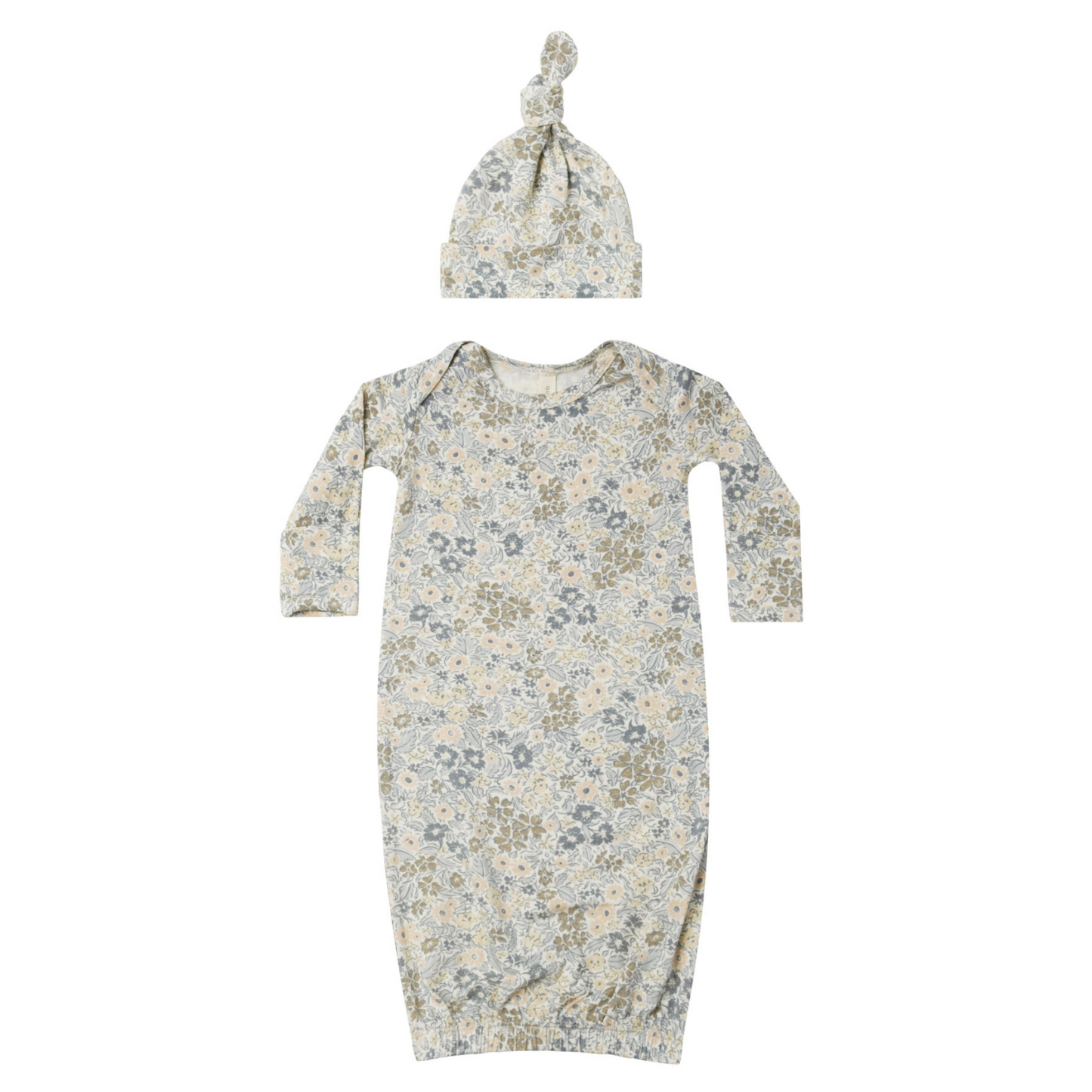 Knotted Baby Gown + Hat Set, Winter Garden
