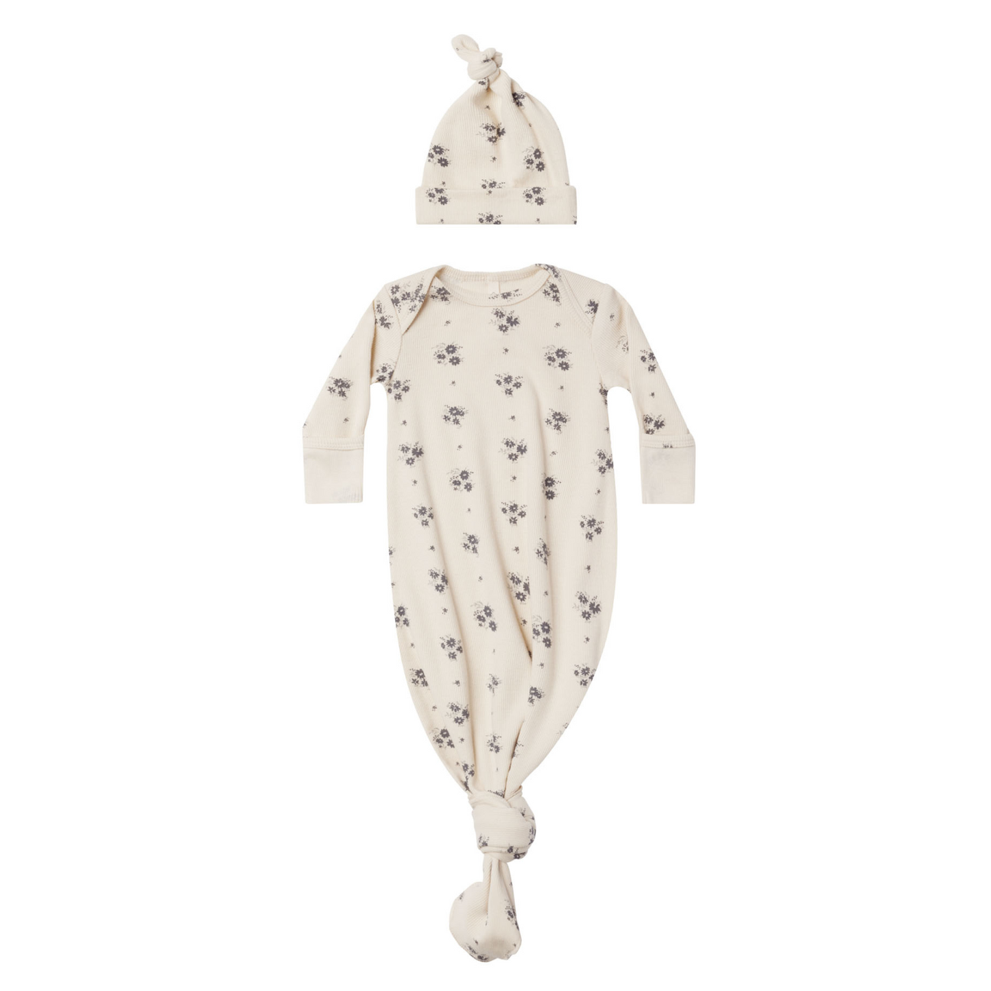 Knotted Baby Gown + Hat Set, Navy Ditsy