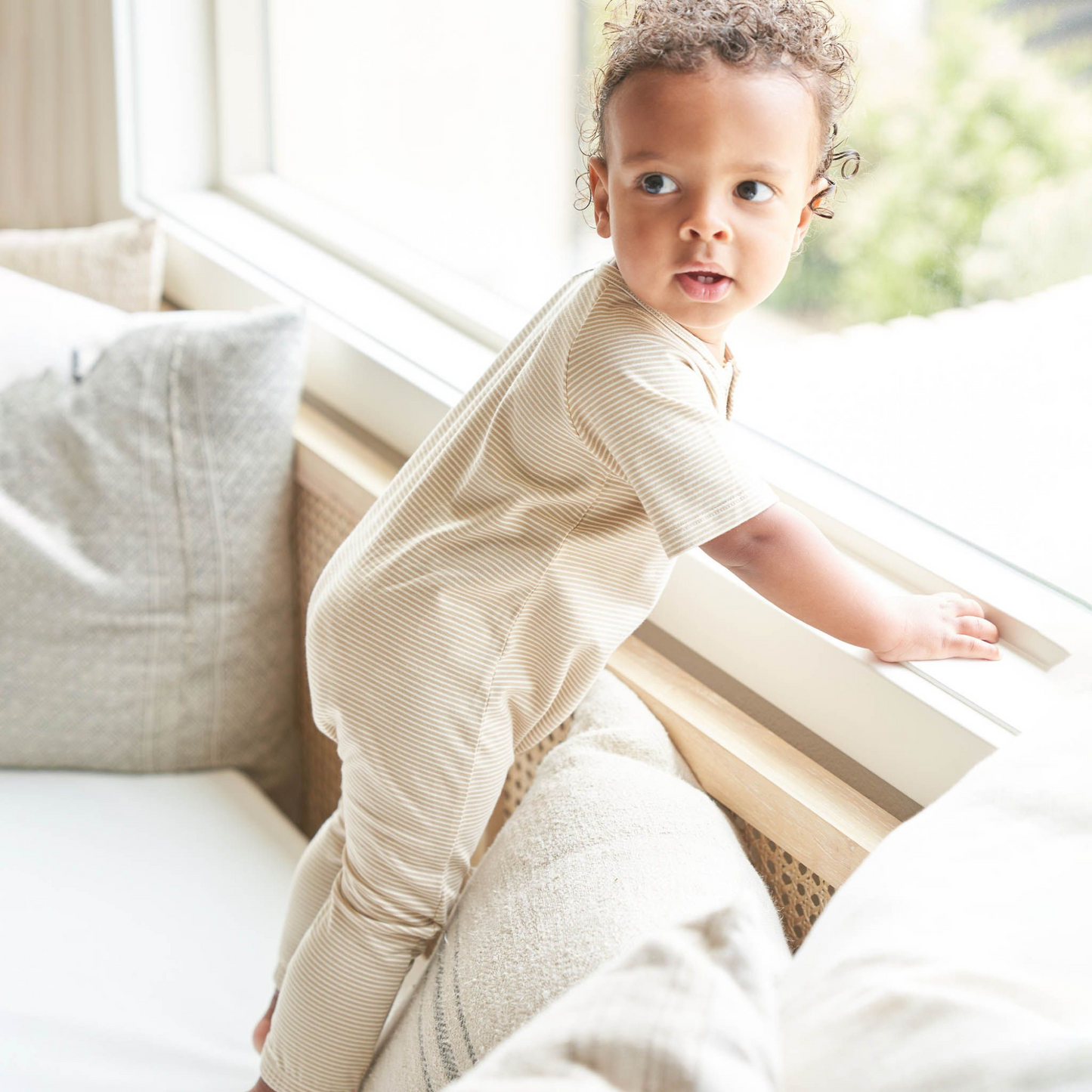 Organic Short Sleeve Jumpsuit, Latte Micro Stripe