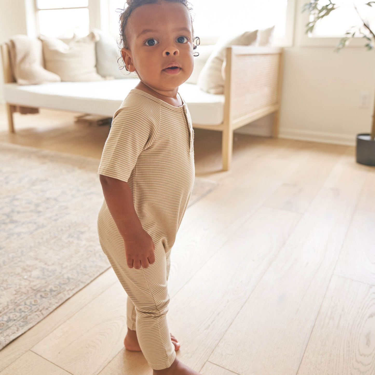 Organic Short Sleeve Jumpsuit, Latte Micro Stripe