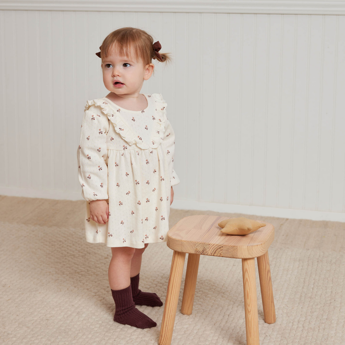 Long Sleeve Ruffle V Dress, Rose Fleur