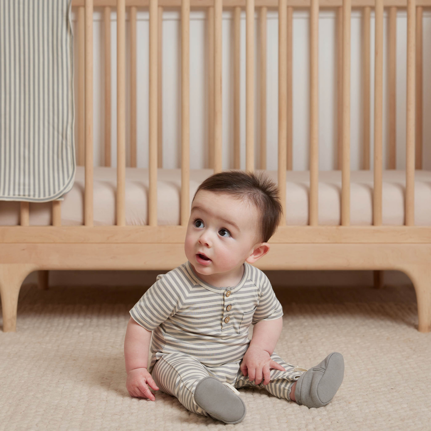 Organic Short Sleeve Jumpsuit, Dusty Blue Stripe