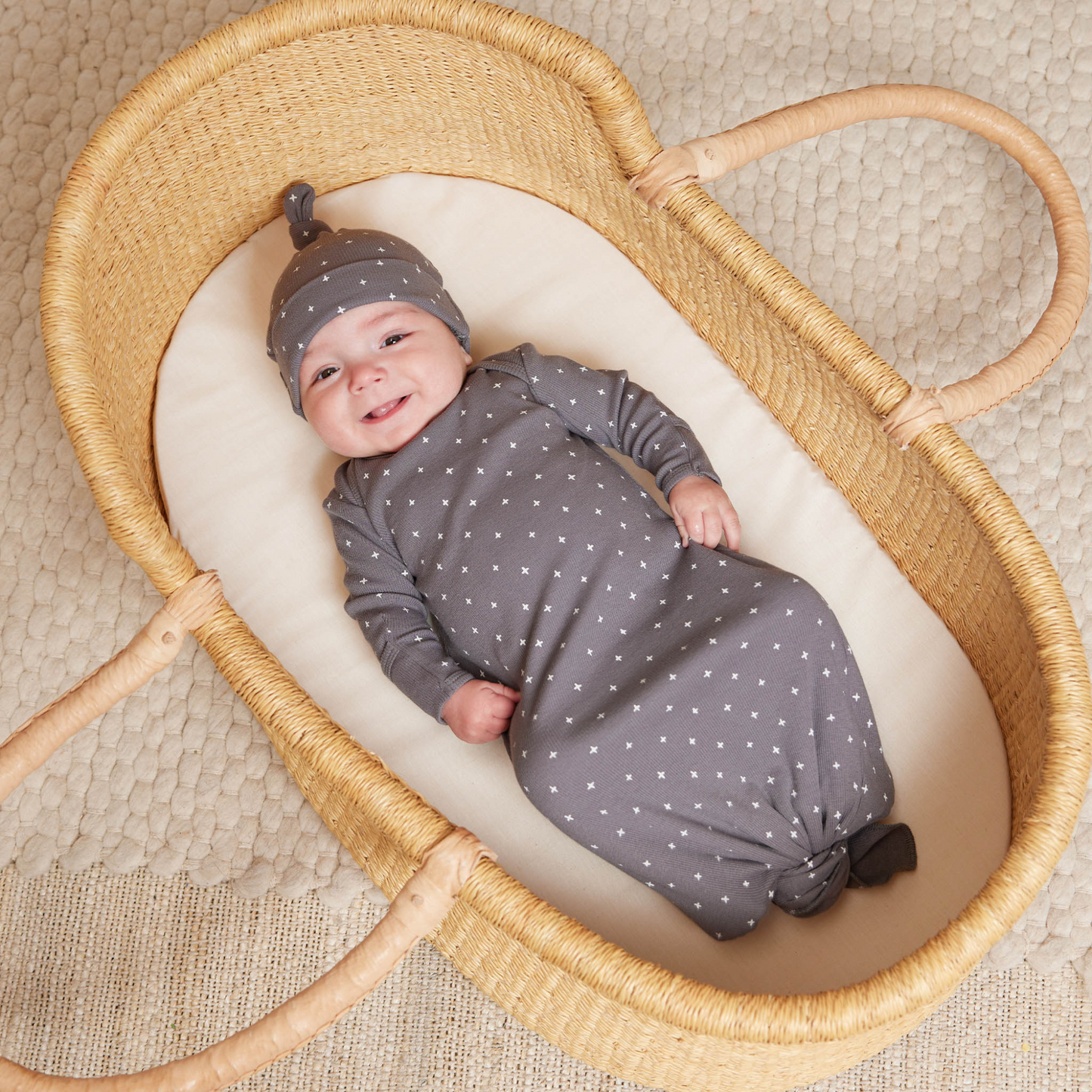 Knotted Baby Gown + Hat Set, Criss Cross Navy