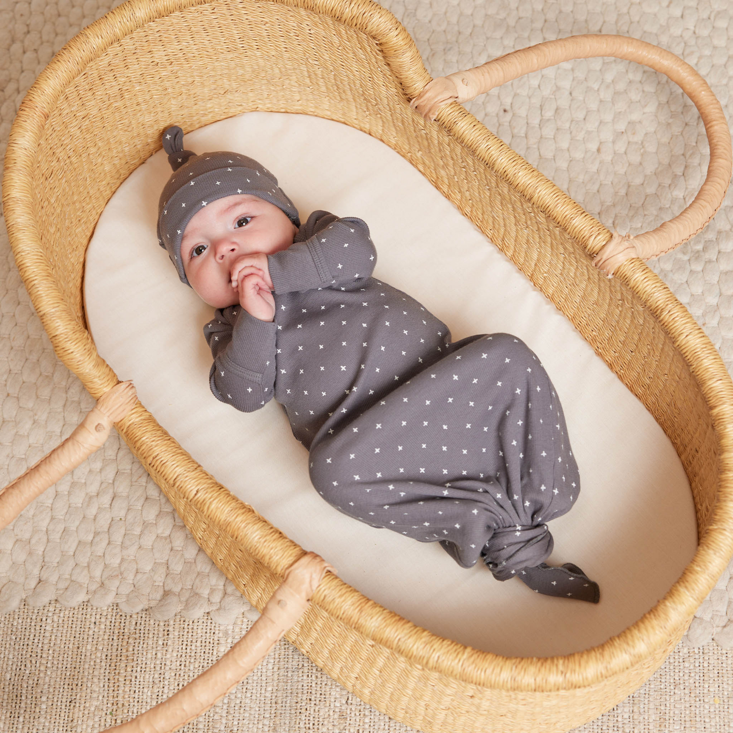 Knotted Baby Gown + Hat Set, Criss Cross Navy