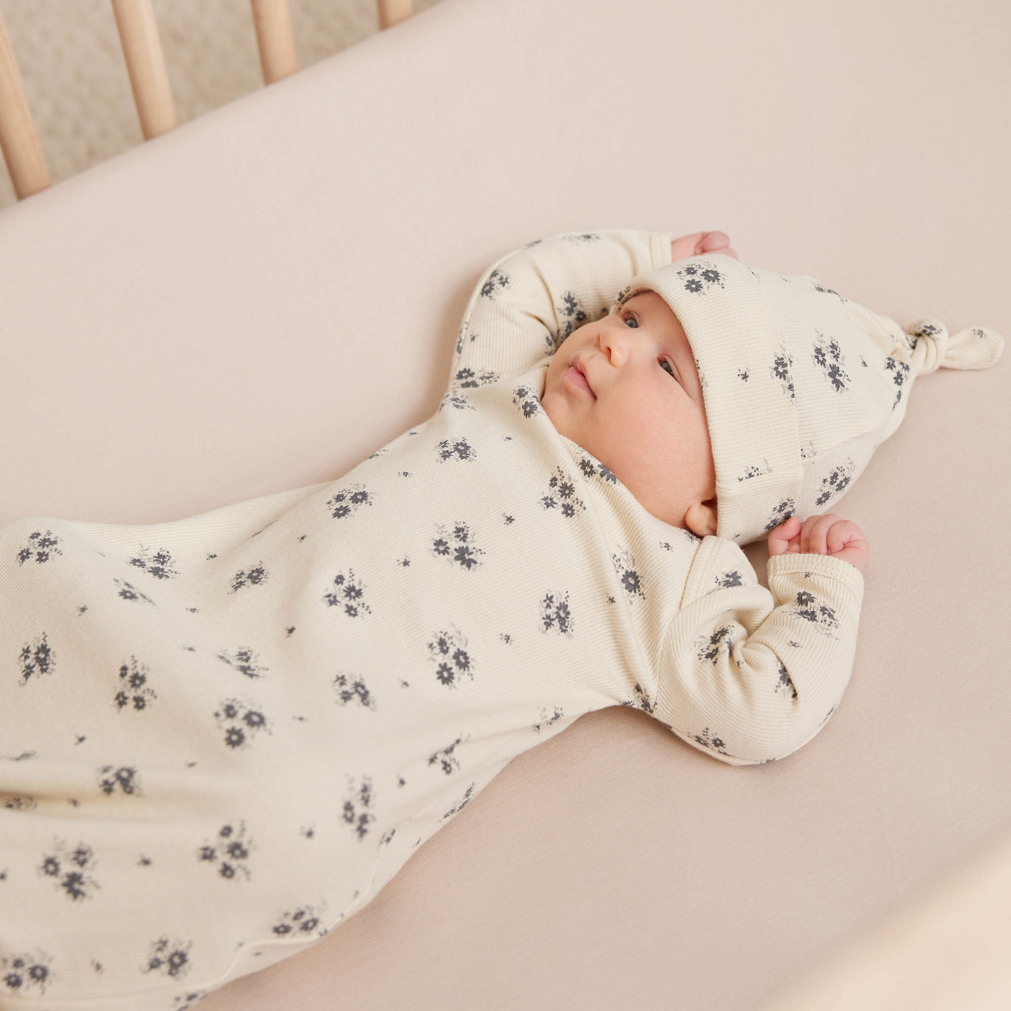 Knotted Baby Gown + Hat Set, Navy Ditsy