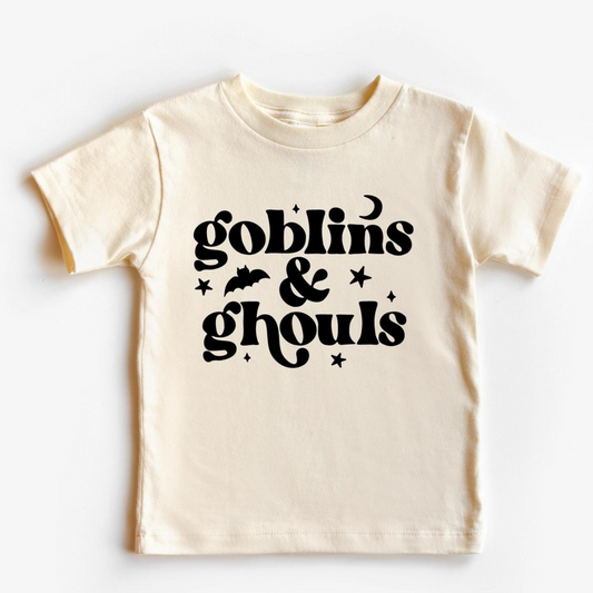 Kid's Halloween Graphic Short Sleeve Tee, Goblins & Ghouls Natural/Black