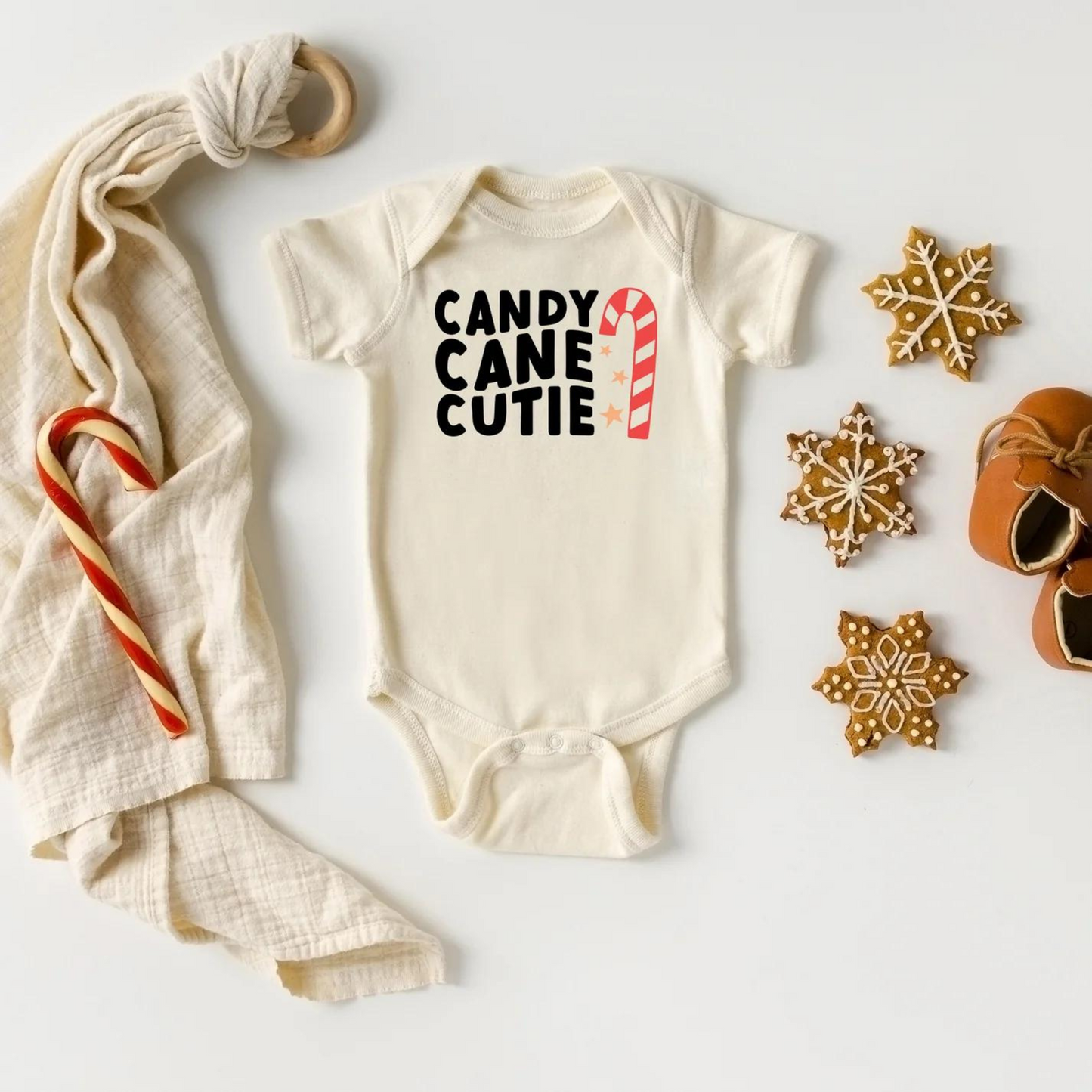 Candy Cane Cutie Short Sleeve Bodysuit, Cream
