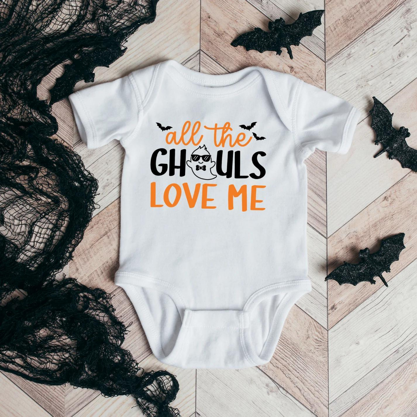 All The Ghouls Love Me Bats Short Sleeve Bodysuit, White