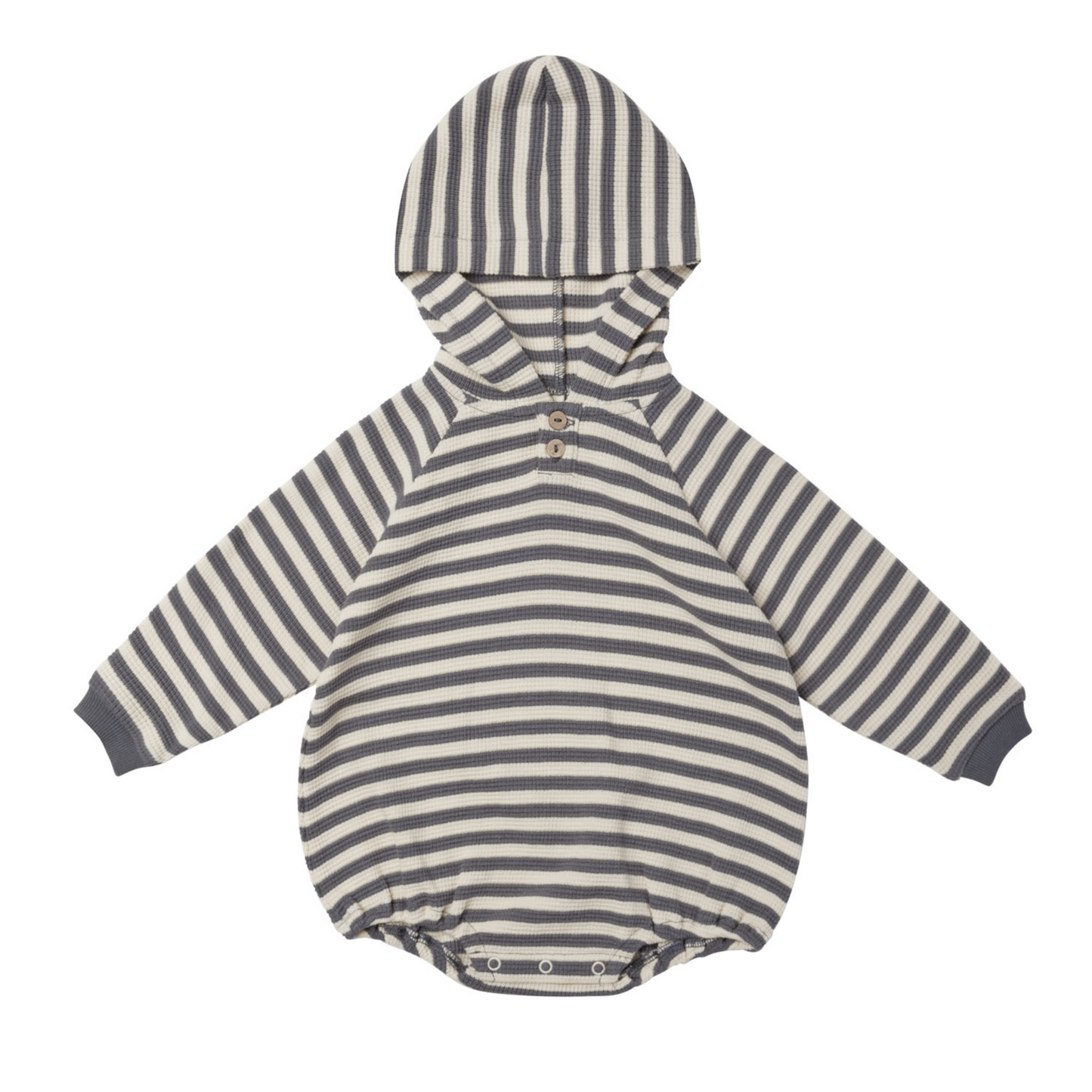 Organic Waffle Hooded Bubble Romper, Navy Stripe
