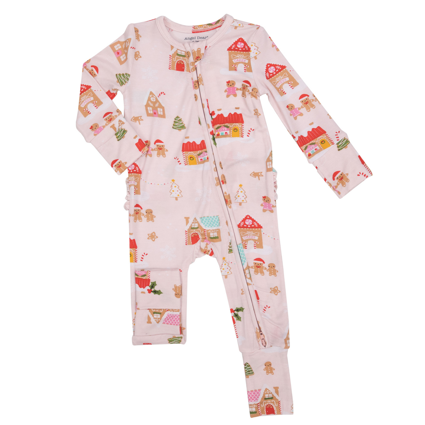 2-Way Ruffle Back Zip Romper, Gingerbread Village Pink
